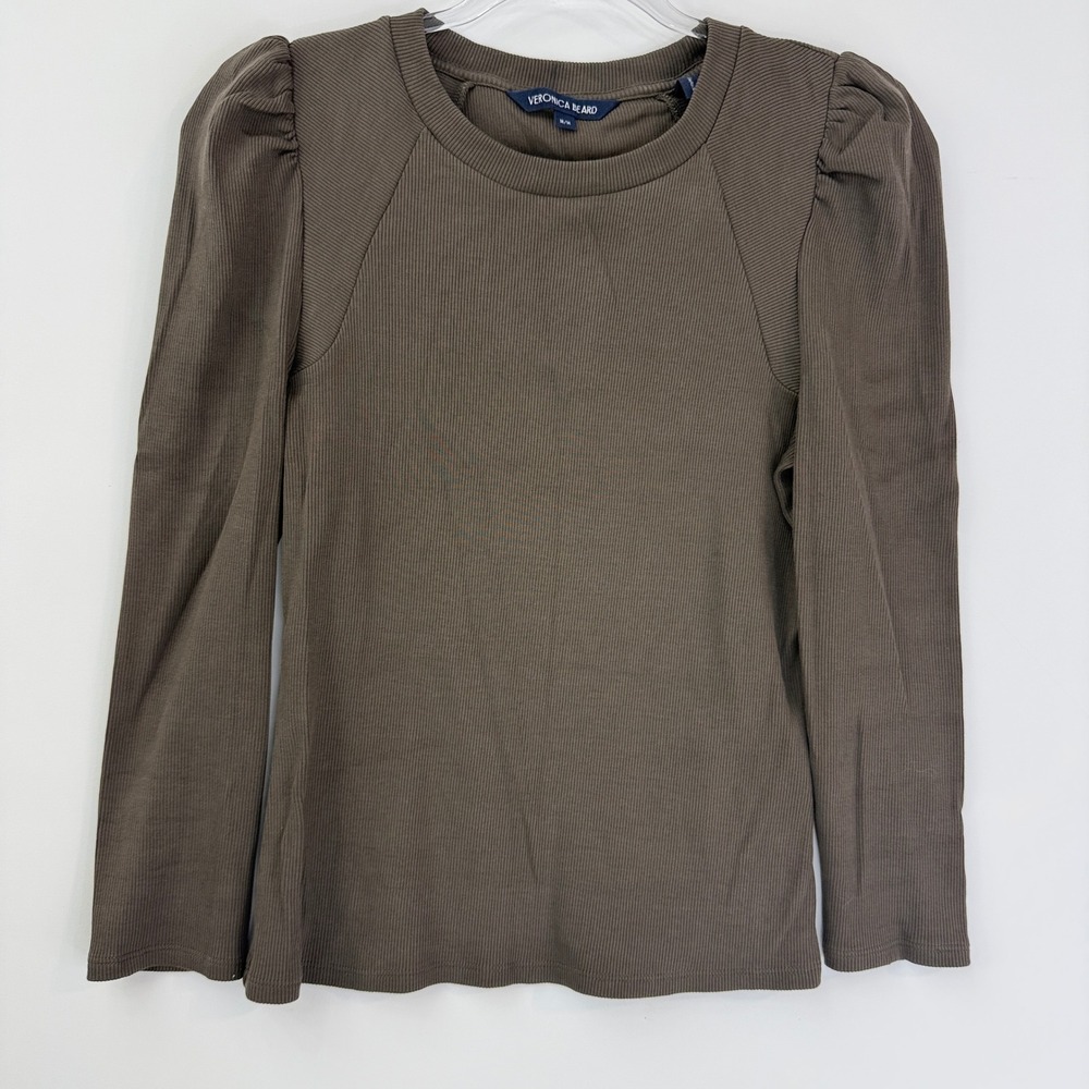 Veronica Beard Fersia Mixed Media Tee Womens Medium Brown Puff Sleeve Ribbed Top